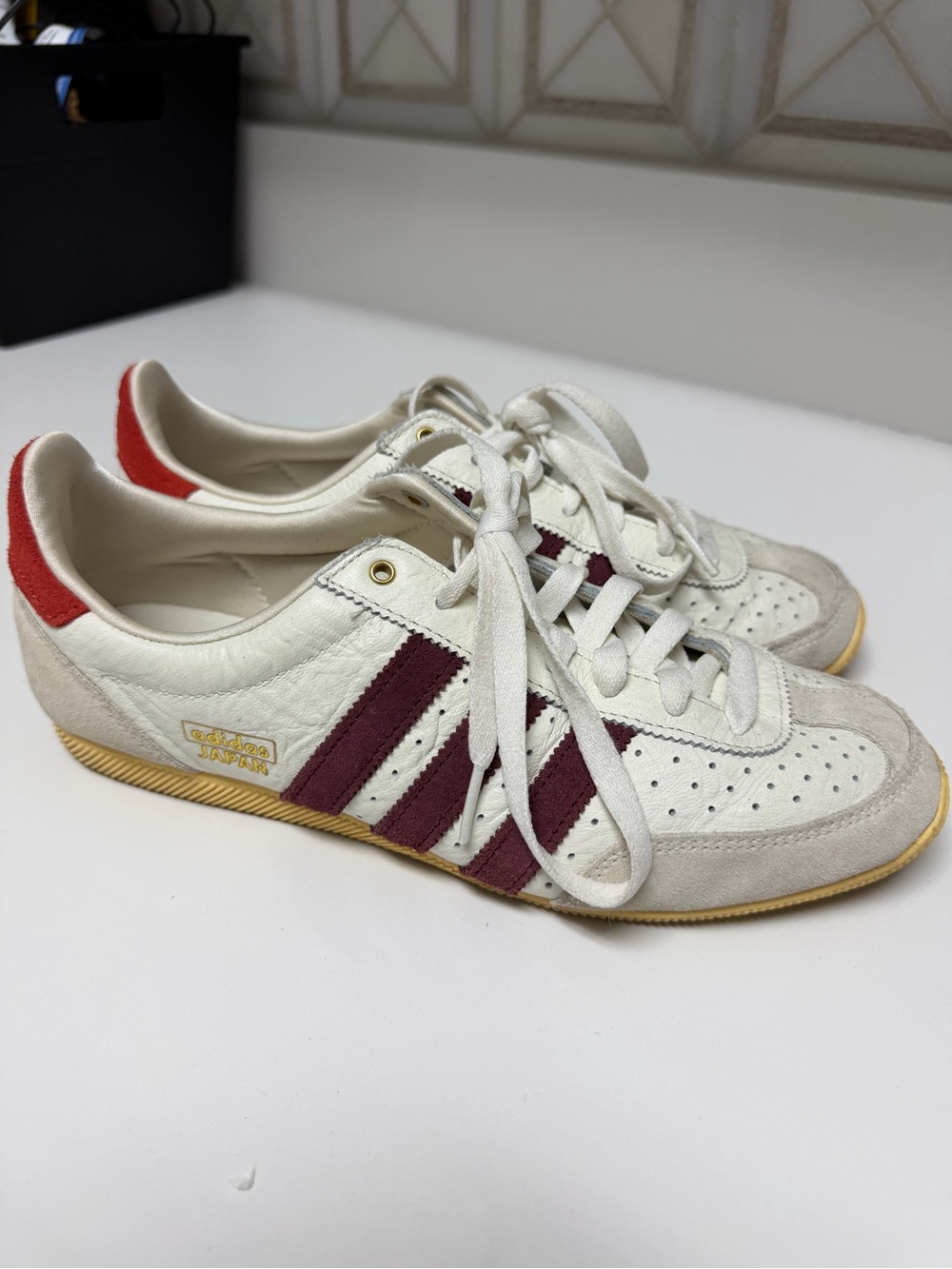 adidas White Leather Sneakers with Burgundy Stripes and Red Heel